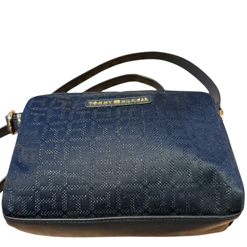 Tommy Hilfiger Dark Navy Monogram Crossbody Bag Adjustable Strap Gold Hardware